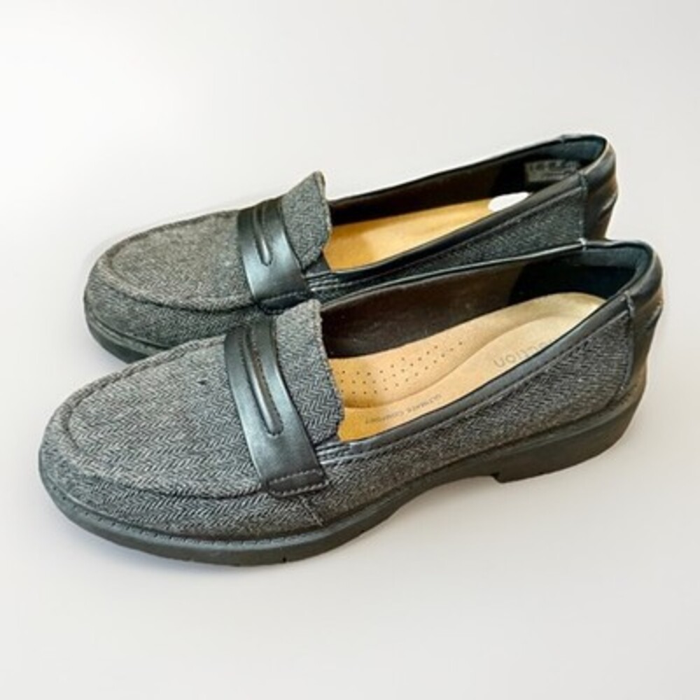 Clarks Collection Leather Penny Loafers Women’s Sz 7.5 Chunky Black Tweed Shoes
